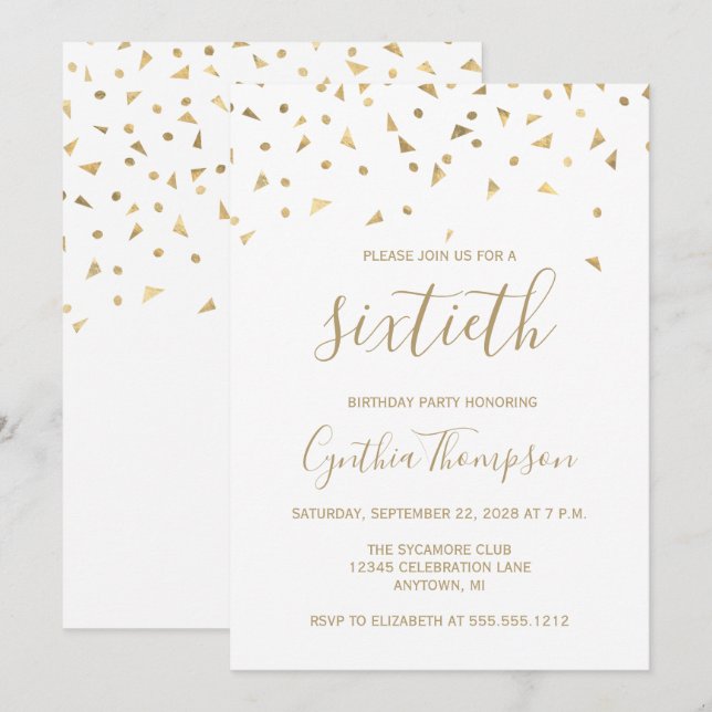 Convites Triângulos de Confete Dourado Aniversário de 60 an (Frente/Verso)