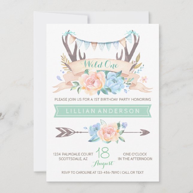 Convites Tribal Antler Wild One primeiro aniversario Invtio (Frente)