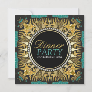 Convites Tribal Batik Teal Dourado Partido Janto Negro