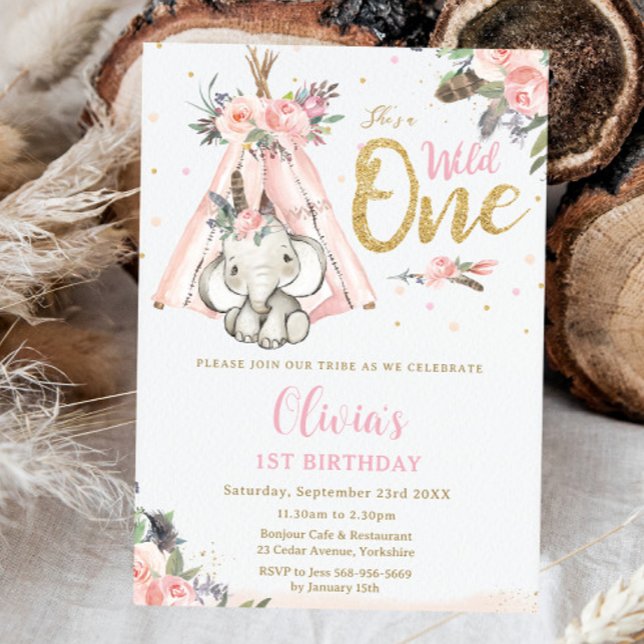 Convites Tribal Boho Elephant Pink Wild One primeiro aniver (Criador carregado)
