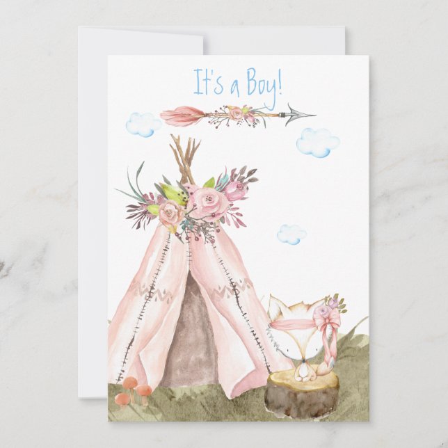 Convites *~* Tribal Teepee Boho Forest Fox Boy (Frente)