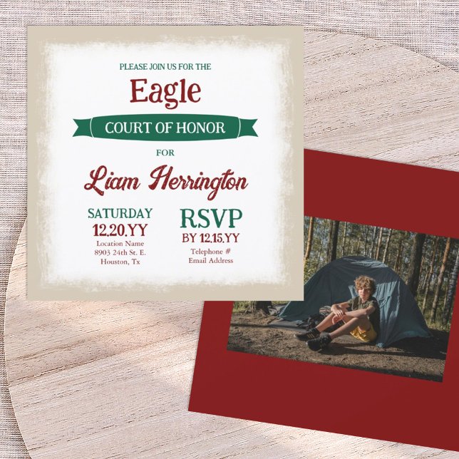 Convites Tribunal de Honra do Escoteiro Águia Verde e Borgo (green and burgundy red eagle scout court of honor invitation with photo and banner ribbon)