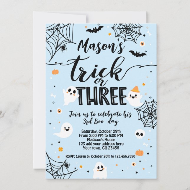 Convites Trick or Three Blue Halloween Cute Ghost (Frente)