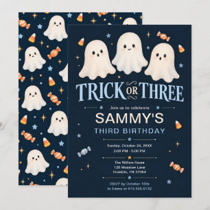 Convites Trick or Three Fantasmas Azuis Aniversário de 3 an
