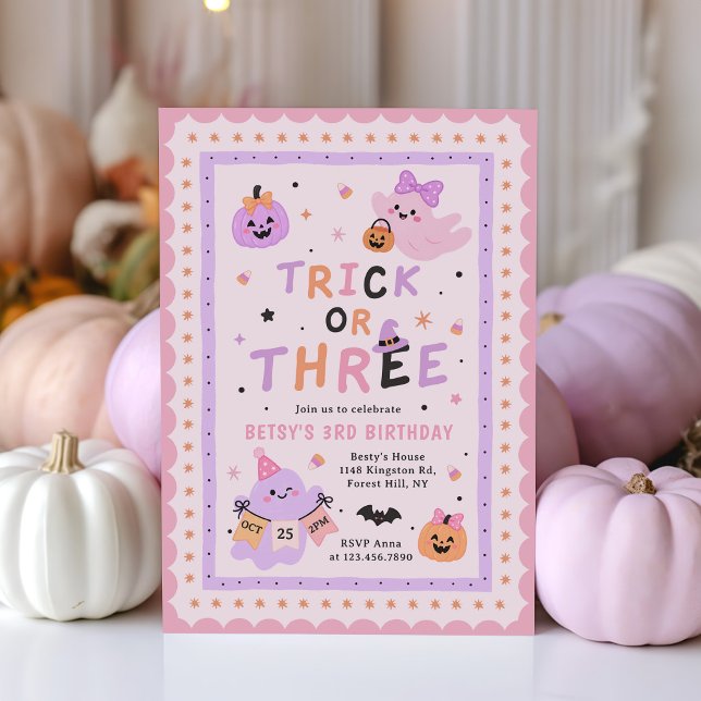 Convites Trick Or Three Halloween Fantasma Aniversário de 3 (Criador carregado)