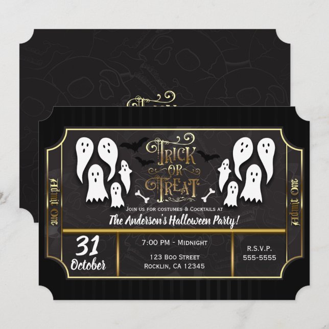 Convites Trick or Treat Fantasmas Festa de Halloween Preta  (Frente/Verso)