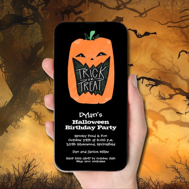 Convites Trick ou Treine Pumpkin Halloween Aniversário (Trick or Treat Pumpkin Halloween Birthday Invitations - INSTANT DOWNLOAD and/or printed)