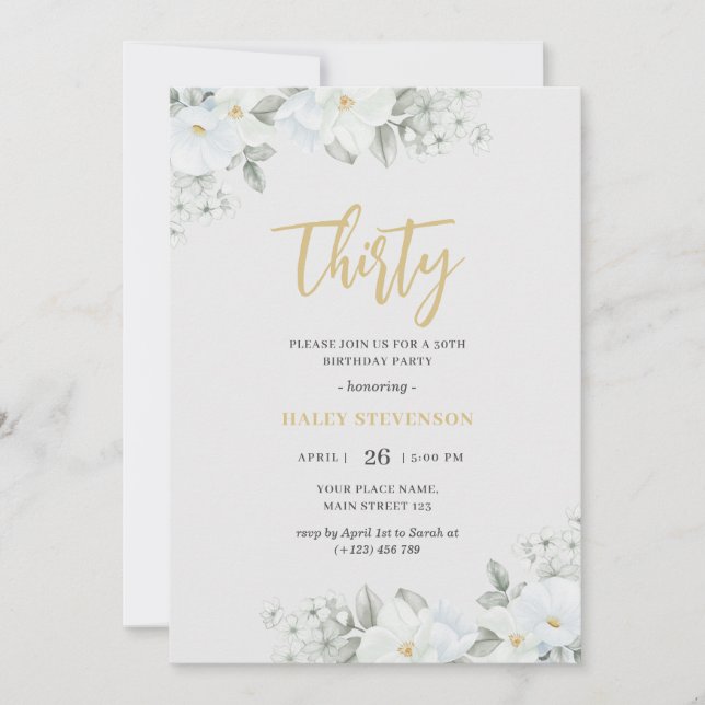 Convites Trinta Aniversário Floral Branco Elegante Dourado (Frente)