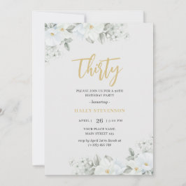 Convites Trinta Aniversário Floral Branco Elegante Dourado