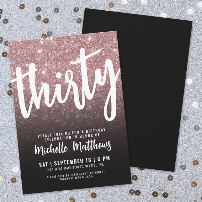 Convites Trinta Black Rose Gold 30º Aniversário (Forty Black Gold 40th Birthday Invitation)