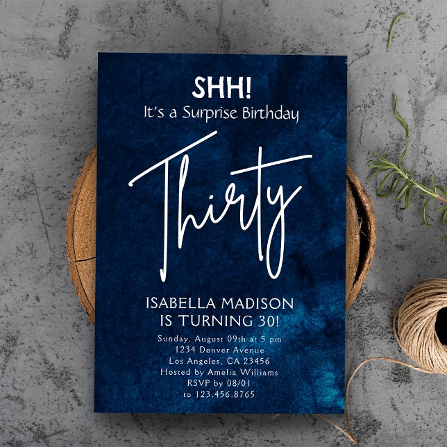 Convites Trinta | Marinho Blue aniversário de 30 anos Surpr (Thirty | Navy Blue 30th Birthday Surprise Party Invitation
)