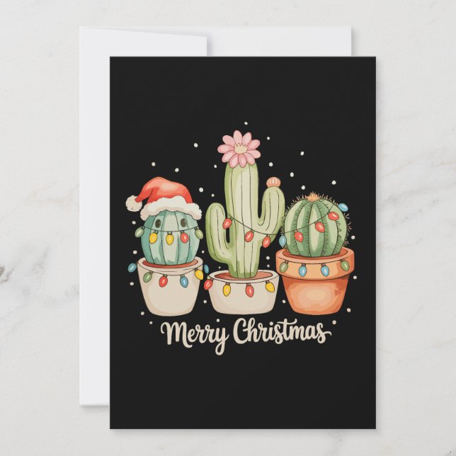 Convites Trio de Cactus Chapéu de Papai Noel Luzes de Natal (Frente)