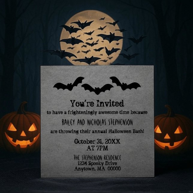 Convites Trio de Festas de Bats Halloween Convidam, Cinzas (Gray Trio of Bats Halloween Party Invitation)