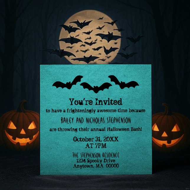 Convites Trio de Festas de Bats Halloween Convidam, Teal (Teal Trio of Bats Halloween Party Invitation)