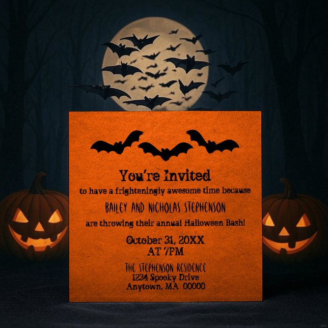 Convites Trio de Festas de Halloween de Bats Convidado, Lar (Orange Trio of Bats Halloween Party Invitation)