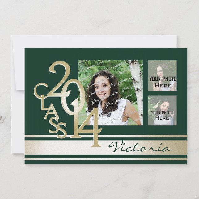 Convites Tripla de Varsity Foto Verde e Dourada (Frente)
