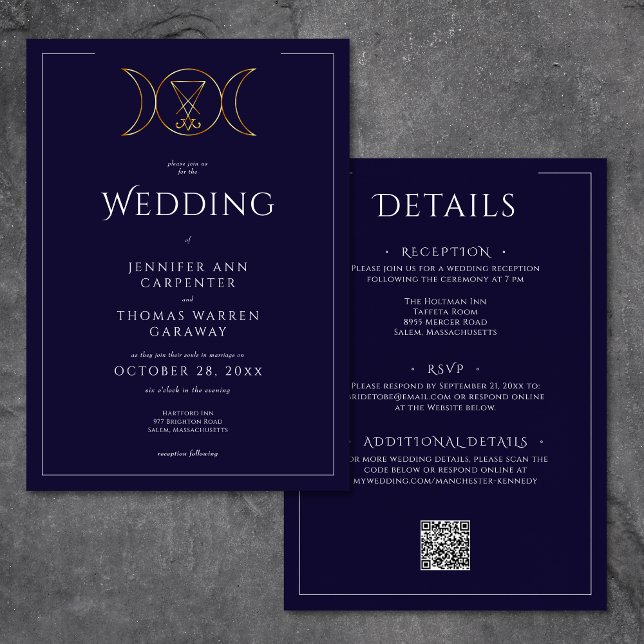 Convites Tripla Deusa Wiccan Moon Blue Weding Two Sided (Triple Goddess Wiccan Moon Blue Wedding Two Sided Invitation)