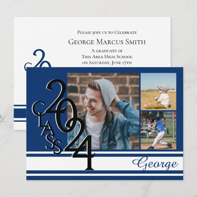 Convites Triplagem Tripla de Graduação Azul Varsity 2024 (Frente/Verso)