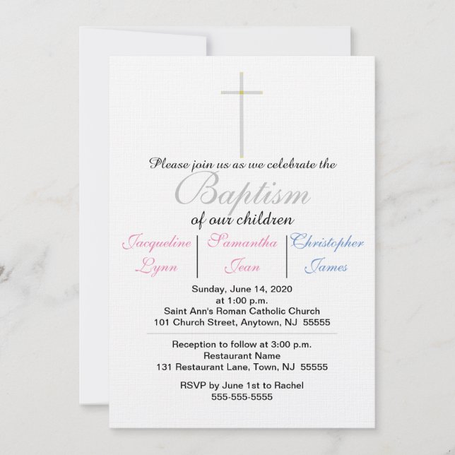 Convites Triplas Azuis Rosa Batismo (Frente)