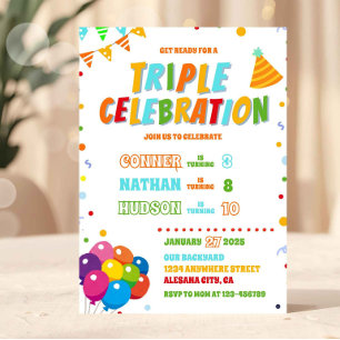 Convites Triple Birthday Invitation Joint Party
