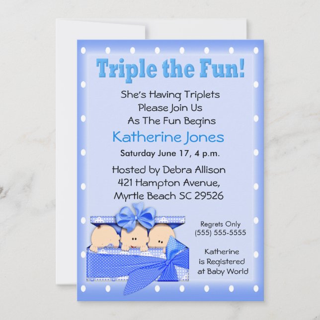 Convites Triplet Boys Baby Shower (Frente)