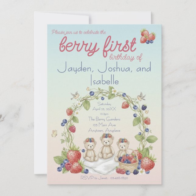 Convites Triplets Berry First Birthday Party (Frente)