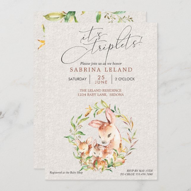 Convites Triplets Chá de fraldas Deer Faws em Leafy Wreath (Frente/Verso)