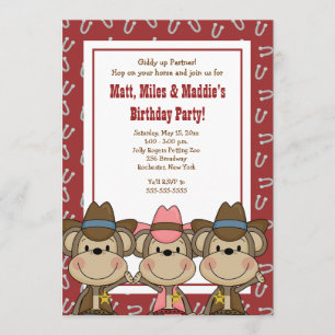 Convites TRIPLETS Western Cowboy Mackeys 5x7 Aniversário