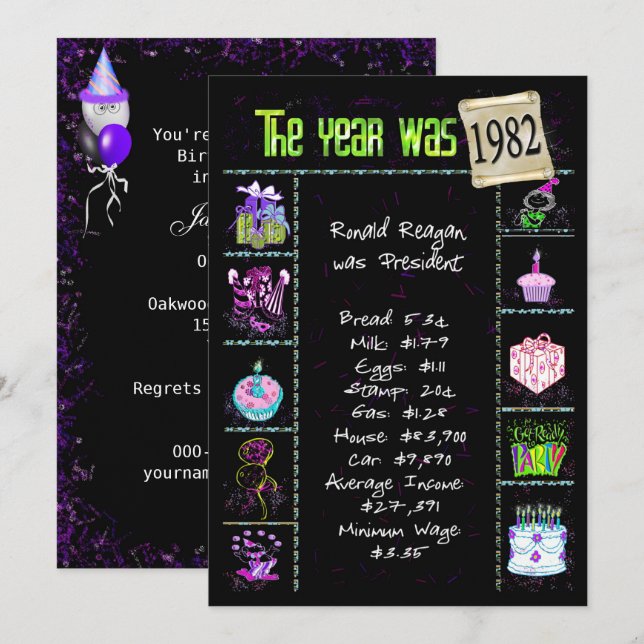 Convites Trivia De Aniversário De 1982 A Preto (Frente/Verso)