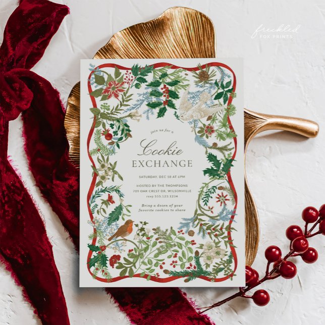 Convites Troca de Biscoitos de Natal com Ilustrações Botâni (Vintage Botanical Christmas Cookie Exchange Invitation)