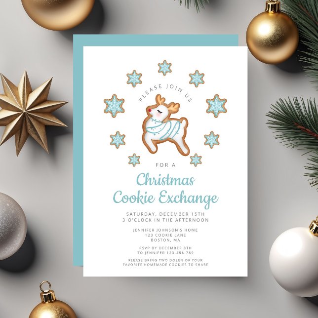 Convites Troca de Biscoitos de Natal com Rena Fofa (Cute Reindeer Christmas Cookie Exchange Invitation)