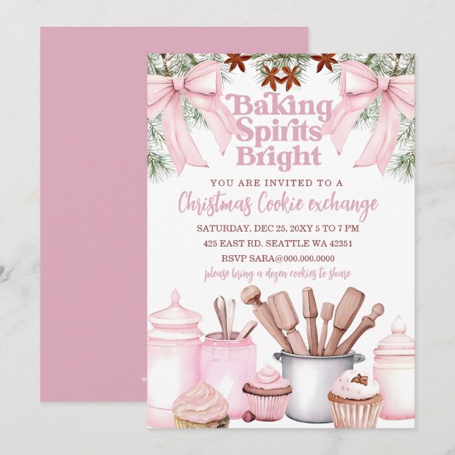 Convites Troca de Biscoitos Rosa Vibrante para Animar Espír (Frente/Verso)