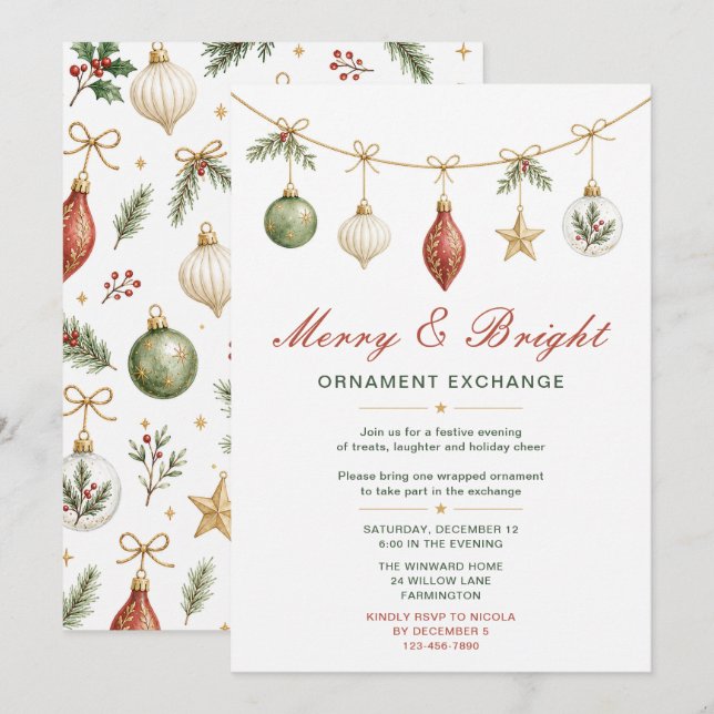 Convites Troca de Enfeites de Natal Alegre e Brilhante (Frente/Verso)