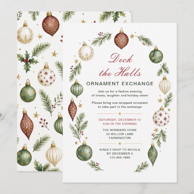 Convites Troca de Enfeites de Natal Deck the Halls (Frente/Verso)