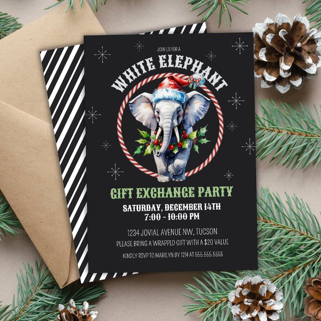 Convites Troca de presentes de elefante branco Elegante no  (Vintage chalkboard base white elephant Christmas holiday gift exchange party invitations with holly)