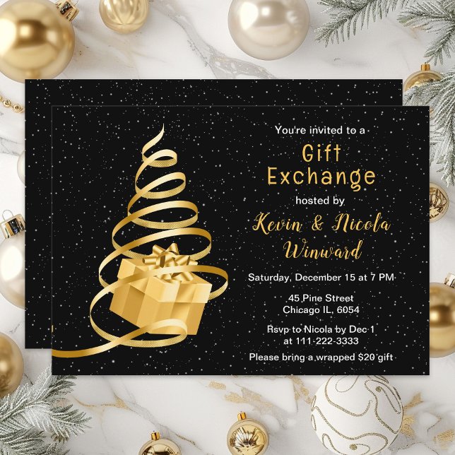 Convites Troca de Presentes de Natal Dourado e Preto (Criador carregado)