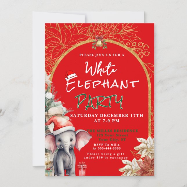Convites Troca de Presentes Elefante Branco Dourado, Branco (Frente)