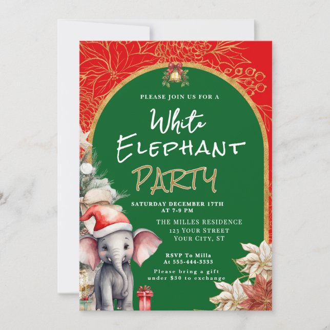Convites Troca de Presentes Elefante Branco Dourado, Branco (Frente)