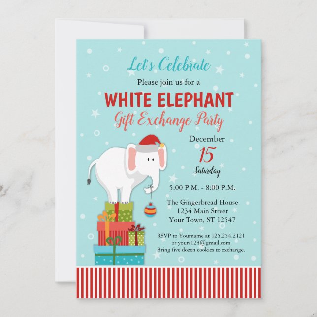 Convites Troca de Presentes Elefante Branco Festa de Natal (Frente)