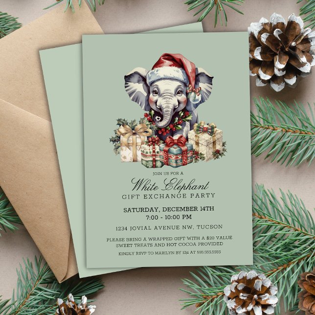 Convites Troca de Presentes Natalinos Festivos Elefante Bra (Cute Sage Green festive Christmas White Elephant Gift Exchange Party Invitations printable digital)