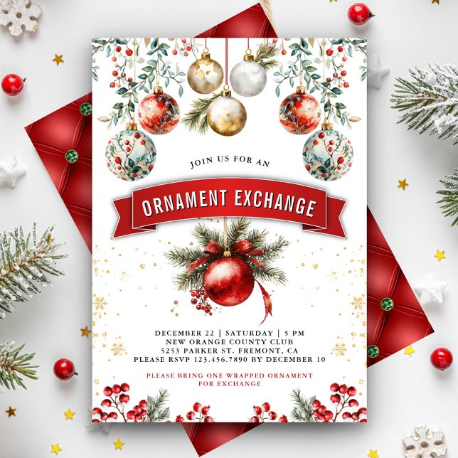 Convites Trocas de Enfeites de Natal em Dourado e Vermelho  (Criador carregado)