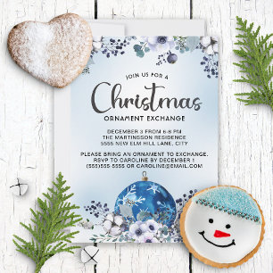 Convites Trocas de Ornamentos Florais de Natal Azul Branco