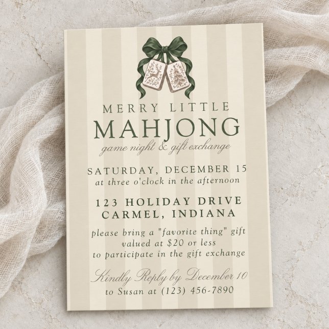 Convites Trocas de Presentes de Natal com Laço Verde Flores (Forest Green Bow Christmas Mahjong Gift Exchange Invitation)