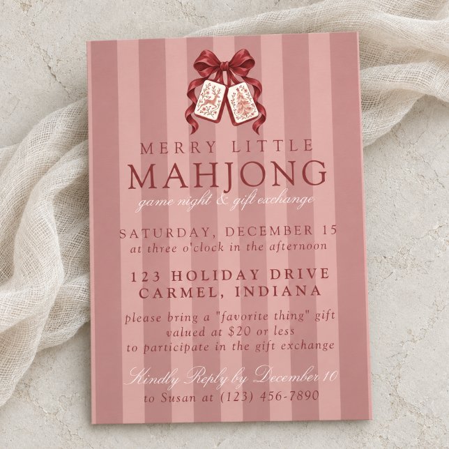 Convites Troféu de Natal de Mahjong com Laço Rosa (Pink Bow Christmas Mahjong Gift Exchange Invitation)