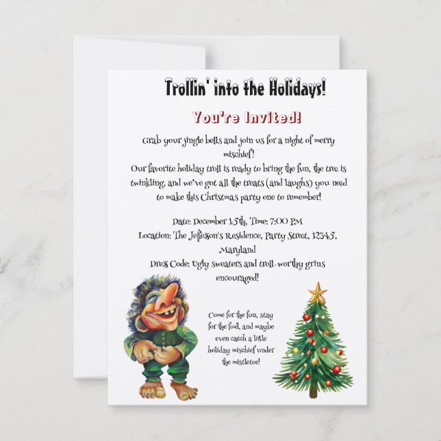 Convites Troll de Natal barato e Delícia de Árvore (Frente)