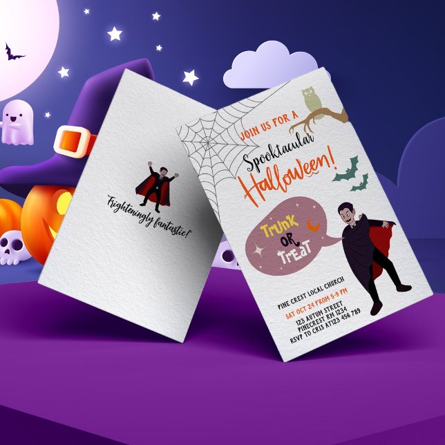 Convites Tronco Ou Tratamento De Evento De Halloween Para C (Cute Halloween Event Trunk Or Treat For Kids White Invitation)