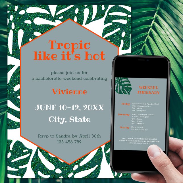 Convites Tropic Como se fosse o Fim de Semana da Bacheloret (Tropic like it's hot tropical bachelorette party invitation glitter monstera green and orange)