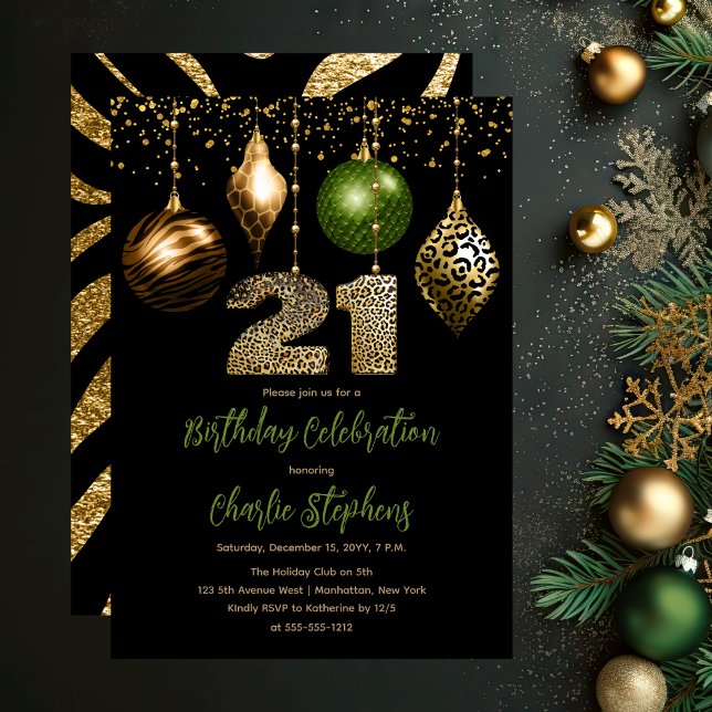 Convites Tropical Animal Skybles aniversário de 21 anos (Glamorous Tropical Animal Print Baubles 21st Birthday Party Invitation in Black, Gold & Olive Green)