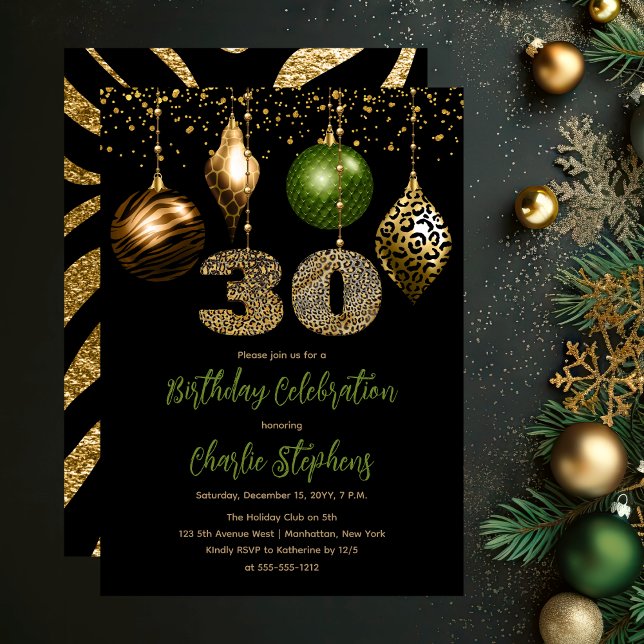 Convites Tropical Animal Skybles aniversário de 30 anos (Glamorous Tropical Animal Print Baubles 30th Birthday Party Invitation in Black, Gold & Olive Green)
