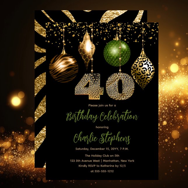 Convites Tropical Animal Skybles aniversário de 40 anos (Glamorous Tropical Animal Print Baubles 40th Birthday Party Invitation in Black, Gold & Olive Green)